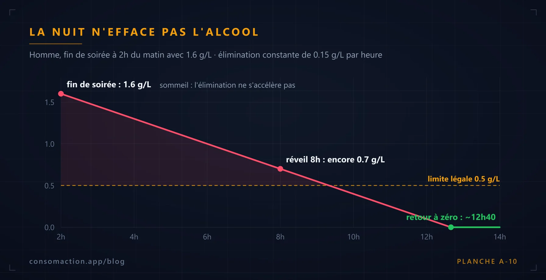Courbe : alcoolémie de 1.6 g/L à 2h du matin, encore 0.7 g/L au réveil à 8h, retour à zéro vers 12h40
