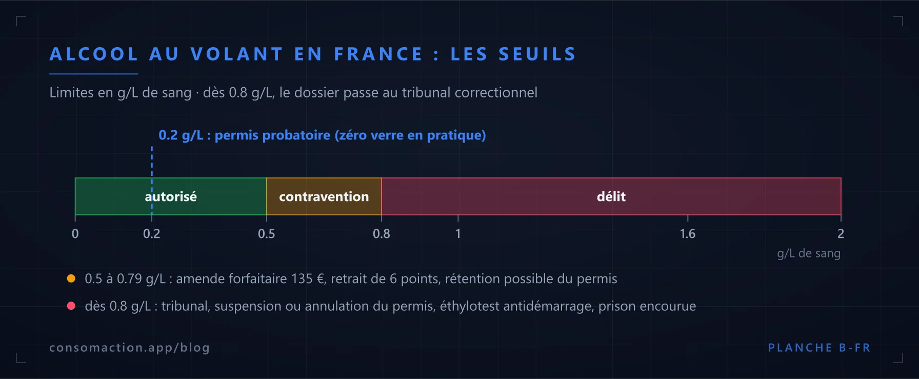 Échelle : seuils d'alcool au volant en France, 0.2 g/L en permis probatoire, contravention de 0.5 à 0.79 g/L, délit dès 0.8 g/L